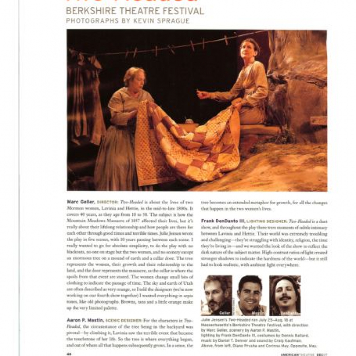 American Theatre Magazine's feature article on my production of TWO-HEADED at the Berkshire Theatre Festival
